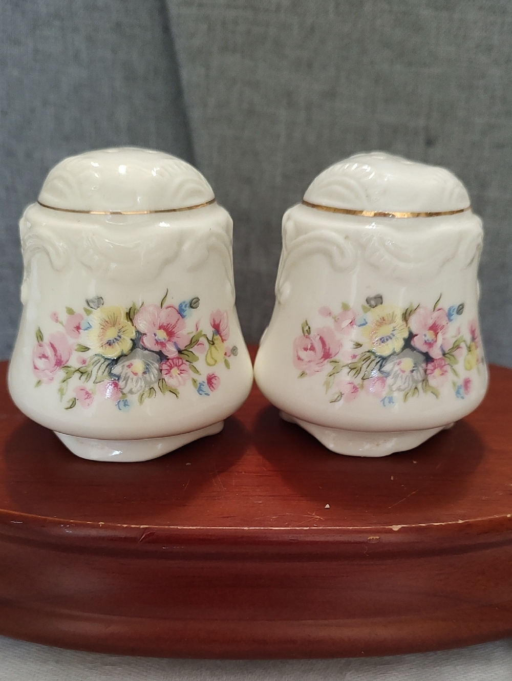 VTG 70's Blue, Pink, Yellow Floral Porcelain Salt & Pepper Gold Trim